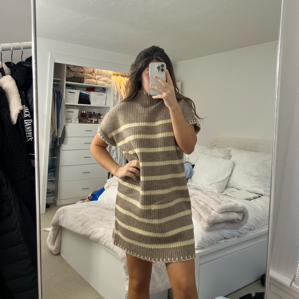 shoppinkblush Tan and cream striped sweater dress